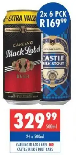 Ultra Liquors Carling black label or castle milk stout cans offer