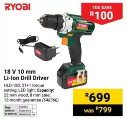 Builders Warehouse RYOBI 18 V 10 mm Li-Ion Drill Driver offer