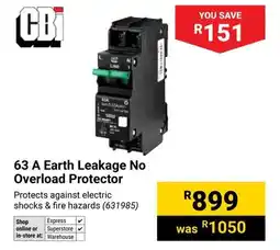 Builders Warehouse 63 A Earth Leakage No Overload Protector offer