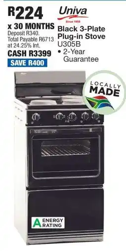 OK Furniture Univa Black 3-Plate Plug-in Stove U305B offer