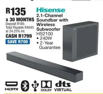 OK Furniture Hisense 2.1 Channel Soundbar With Wireless Subwoofer offer