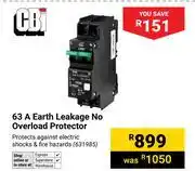 Builders Warehouse CBI 63A Earth Leakage No Overload Protector offer