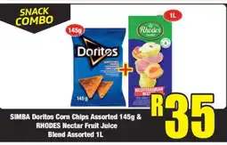 Boxer SIMBA Doritos Corn Chips Assorted 145g & RHODES Nectar Fruit Juice Blend Assorted 1L offer