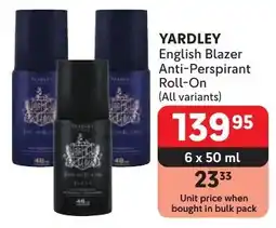 Makro YARDLEY English Blazer Anti-Perspirant Roll-On offer