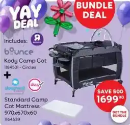 BabiersRUs Bounce Kody Camp Cot + Sleepwell Standard Camp Cot Mattress offer