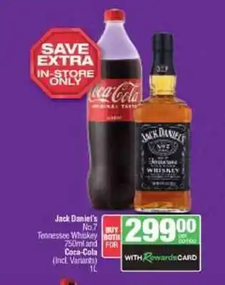 Spar Tops Jack Daniel's No.7 Tennessee Whiskey 750ml and Coca-Cola 1L offer