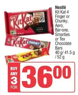 Spar Nestlé Kit Kat 4 Finger or Chunky, Aero, Bar-one, Smarties or Tex Chocolate Bars offer