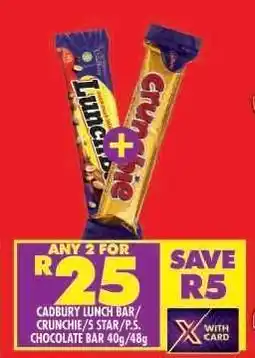 Shoprite Cadbury Lunch Bar/Crunchie/5 Star/P.S. Chocolate Bar 40g/48g offer