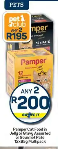 Pick n Pay Pamper Cat Food in Jelly or Gravy Assorted or Gourmet Paté 12x85g Multipack offer