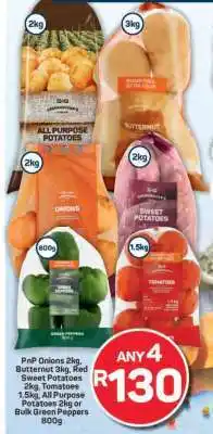 Pick n Pay PnP Onions, Butternut, Red Sweet Potatoes, Tomatoes, All Purpose Potatoes, Bulk Green Peppers offer