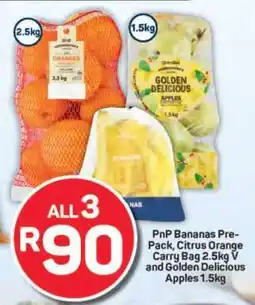 Pick n Pay PnP Bananas Pre-Pack, Citrus Orange Carry Bag 2.5kg V and Golden Delicious Apples 1.5kg offer