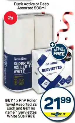 Pick n Pay PnP Roller Towel Assorted 2s + no name Serviettes White 50s offer