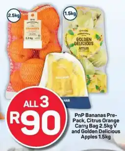 Pick n Pay PnP Bananas Pre-Pack, Citrus Orange Carry Bag 2.5kg V and Golden Delicious Apples 1.5kg offer