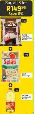 Makro Tastic Long Grain Parboiled Rice, Selati Brown Sugar, Excella Sunflower Oil offer