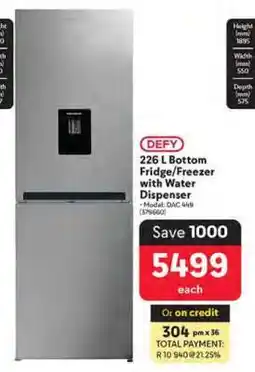 Makro DEFY 226 L Bottom Fridge/Freezer with Water Dispenser offer