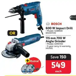 Makro Bosch 600 W Impact Drill or 115 mm 700 W Angle Grinder offer