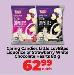 Food Lover's Market Caring Candies Little LuvBites Liquorice or Strawberry White Chocolate Hearts 80 g offer
