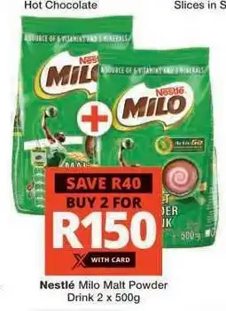 Checkers Nestlé Milo Malt Powder Drink 2 x 500g offer