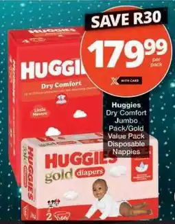 Checkers Huggies Dry Comfort Jumbo Pack/Gold Value Pack Disposable Nappies offer