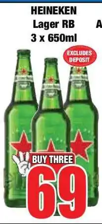 Boxer HEINEKEN LAGER RB 3 X 650ML offer