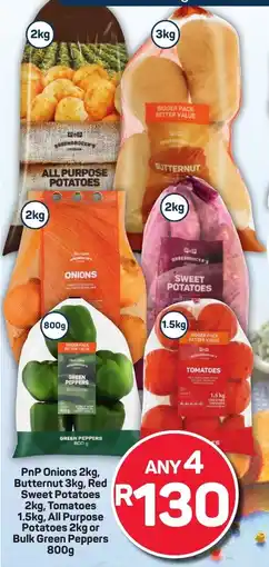 Pick n Pay Hypermarket PnP Onions, Butternut, Red Sweet Potatoes, Tomatoes, All Purpose Potatoes or Bulk Green Peppers offer