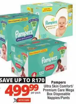 Checkers Pampers Ultra Skin Comfort/ Premium Care Mega Box Disposable Nappies/ Pants offer