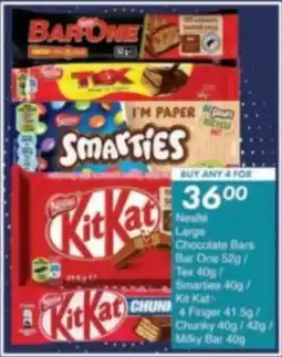 President Hyper Neste Large Chocolate Bars Bar One/ Tex/ Smarties/ Kit Kat 4 Finger/ Chunky/ Milky Bar offer