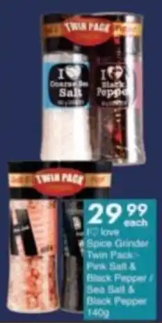 I Love Spice Grinder Twin Pack Pink Salt & Black Pepper/ Sea Salt & Black Pepper