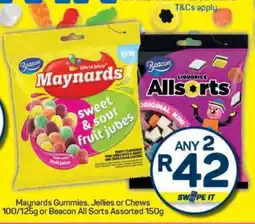 Pick n Pay Maynards Gummies, Jellies or Chews 100/125g or Beacon All Sorts Assorted 150g offer