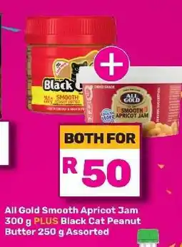 Game All Gold Smooth Apricot Jam 300 g PLUS Black Cat Peanut Butter 250 g Assorted offer