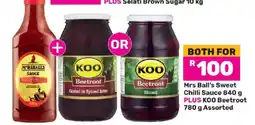 Game Mrs Ball's Sweet Chilli Sauce 840 g PLUS KOO Beetroot 780 g Assorted offer
