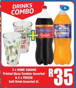 Boxer 2 x HOME SQUARE Printed Glass Tumbler Assorted & 2 x TWIZZA Soft Drink Assorted 2L offer