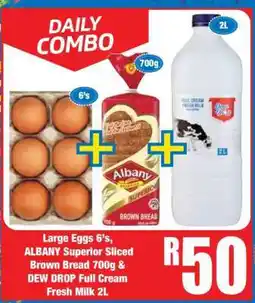 Boxer Large Eggs 6's, ALBANY Superior Sliced Brown Bread 700g & DEW DROP Full Cream Fresh Milk 2L offer