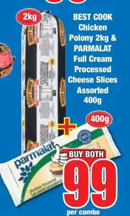Boxer BEST COOK Chicken Polony 2kg & PARMALAT Full Cream Processed Cheese Slices Assorted 400g offer