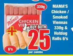 Boxer MAMA'S Chicken / Smoked Viennas 330g & Hotdog Rolls 6's offer