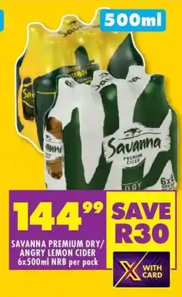 Shoprite Savanna Premium Dry/Angry Lemon Cider 6x500ml NRB per pack offer