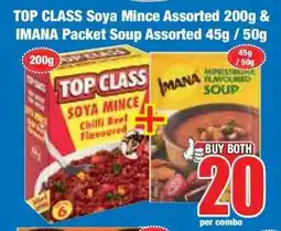 Boxer TOP CLASS Soya Mince Assorted 200g & IMANA Packet Soup Assorted 45g / 50g offer