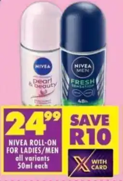 Shoprite Nivea roll-on for ladies/ men all variants offer