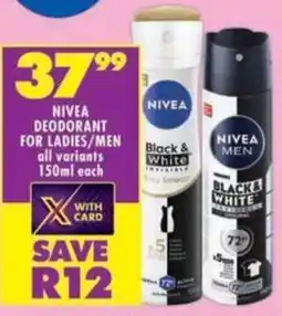 Shoprite Nivea deodorant for ladies/men all variants offer