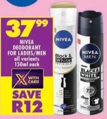 Shoprite Nivea deodorant for ladies/men all variants offer