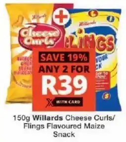 Checkers Willards Cheese Curls/ Flings Flavoured Maize Snack offer