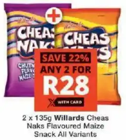 Checkers Willards Cheas Naks Flavoured Maize Snack All Variants offer