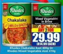 Three Star Cash and Carry Rhodes Chakalaka Asst Or Rhodes Mixed Vegetable Asst offer