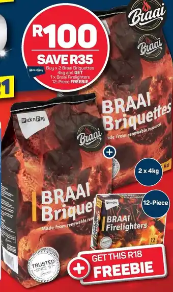 Pick n Pay Braai Briguettes 4kg and GET 1x Braai Firelighters 12-Piece offer