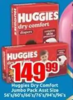 Three Star Cash and Carry Huggies Dry Comfort Jumbo Pack Asst offer