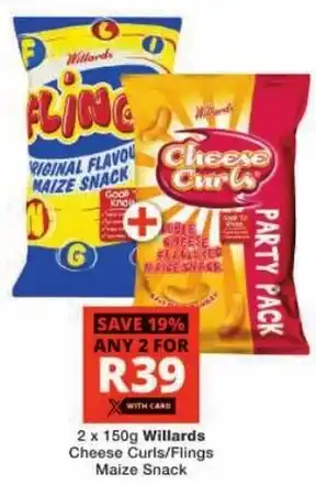 Checkers Willards Cheese Curls/ Flings Maize Snack offer