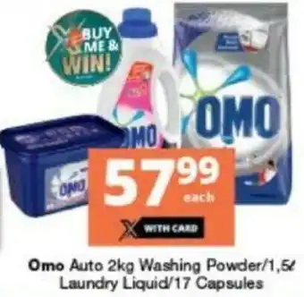 Checkers Omo Auto 2kg Washing Powder/1,5L Laundry Liquid/17Capsules offer