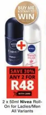 Checkers Nivea Roll-On for Ladies/ Men All Variants offer