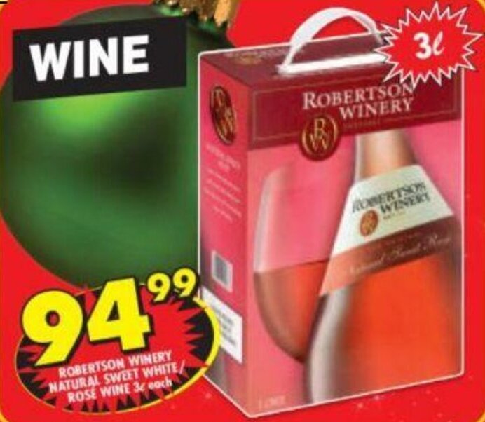 Robertson Winery Natural Sweet White/Rosé Wine 3L offer at Shoprite