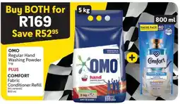 Makro OMO Regular Hand Washing Powder 5 kg PLUS COMFORT Fabric Conditioner Refill 800 ml offer